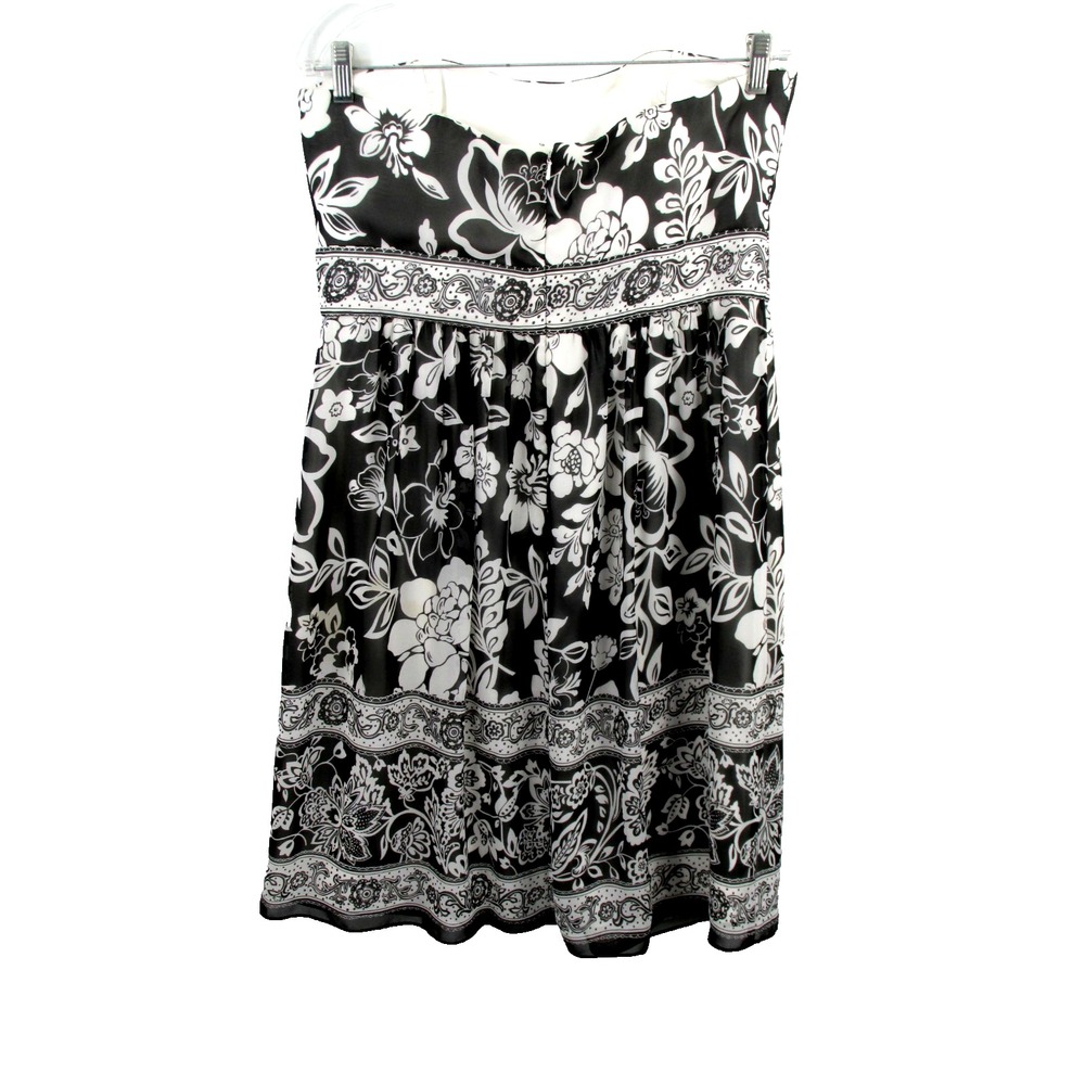 White House Black Market Midi Party Dress Women 12 Black White Floral Strapless - Picture 5 of 16